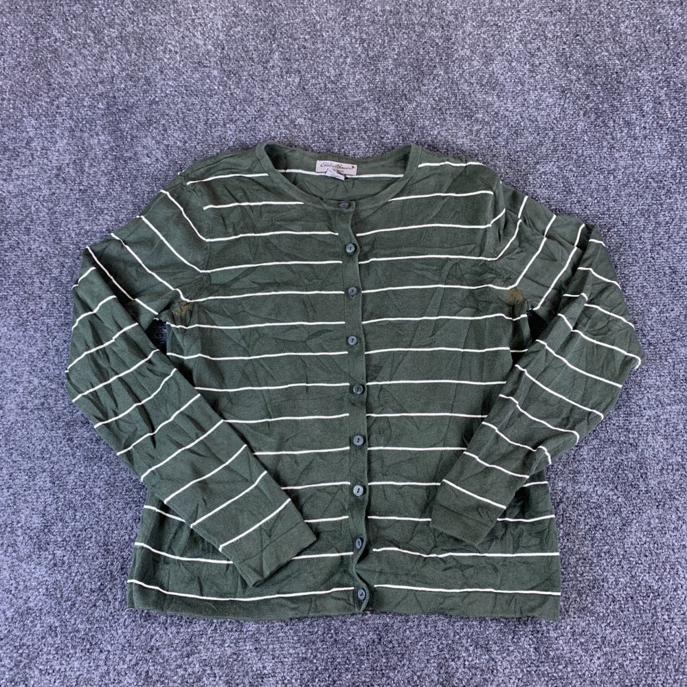 Eddie Bauer Cardigan Sweater Womens Medium Olive Green White Stripe Button Front